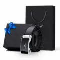 Coffret de ceinture en cuir véritable pour homme avec boucle automatique et boîte. - Coffret Cadeau Exclusif / 105cm / Argent