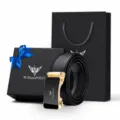 Coffret cadeau ceinture en cuir pour homme avec boucle automatique, boîte et sac noirs. - Coffret Cadeau Exclusif / 105cm / Or