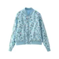 Women's light blue floral print bomber jacket casual stylish autumn outerwear with zip closure. - S / Blue