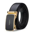 Cintura in Pelle da Uomo Fibbia Automatica Nera Affari Moda Elegante Accessorio Metallico - Oro (Senza Scatola Regalo)