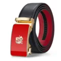 Stilosissima cintura automatica da uomo in vera pelle nera e rossa con bel motivo tigre. - 105cm / Fibbia Dorata Superficie Rossa Motivo Litchi Nero