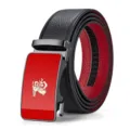 Cintura in pelle da uomo con fibbia automatica, design coniglio zodiacale rosso, elegante. - Fibbia Gunmetal Faccia Rossa Cinturino Nero con Scatola Regalo / 105cm