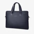 Men's leather business briefcase, dark blue laptop bag, stylish and spacious daily work accessory. - Blue