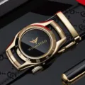 Men automatic buckle leather belt luxury gold watch dial design black cowhide waist belt - 105cm / Gold Buckle Gold Logo