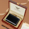 Herren Leder Geldbörse in edler Holz Geschenkbox mit Stift und Karte, Business Kurz Portemonnaie - Rote Holzbox / Schwarz