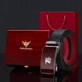 Heren echt lederen automatische gesp riem cadeauset met luxe houten doos voor mannen. - Gunmetal Gesp Zwart Gezicht Zwarte Band met Rode Houten Doos