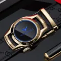 Men's automatic buckle genuine leather belt with gold metal dial design and stylish black strap. - 105cm / Gold Buckle Blue Logo