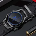 Men luxury leather belt with automatic metal buckle stylish fashion cowhide strap for men - 105cm / Gunmetal Buckle Blue Logo