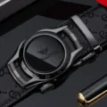 Men's automatic buckle leather belt with luxury watch face metal buckle design for fashion style. - 105cm / Gunmetal Buckle Black Logo