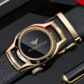 Herren Automatik Ledergürtel elegante goldene Uhr Schnalle echtes Rindsleder Taillengurt Business - Goldene Schnalle Goldenes Logo Litschi Muster