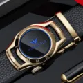 Herren Ledergürtel mit luxuriöser goldener römischer Ziffern-Schnalle und schwarzem Riemen. - Goldene Schnalle Blaues Logo Litschi Muster