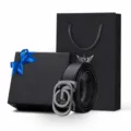 Cintura Uomo Vera Pelle Fibbia Automatica Set Regalo Nero Elegante Moda Classica - 105cm / Vera Pelle Motivo Litchi Gunmetal (Scatola Regalo)