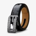 Men's automatic buckle leather belt with crocodile pattern design and premium metal buckle. - Gun Black Buckle Black Belt Gift Box / 105cm