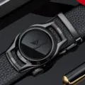 WilliamPOLO Herren Automatik Ledergürtel mit schwarzer Metallschnalle und römischen Ziffern. - Gunmetal Schnalle Schwarzes Logo Litschi Muster