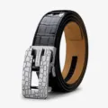 WilliamPOLO Men Black Leather Belt Automatic Buckle Crocodile Pattern Casual Business Trouser Belt - Silver Buckle Black Belt Gift Box / 105cm