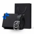 Set regalo cintura in pelle automatica da uomo con fibbia in metallo, elegante accessorio nero. - 105cm / Vera Pelle Stampata Gunmetal (Scatola Regalo)