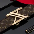 Cintura automatica di lusso da uomo con cinturino con motivo monogramma marrone e fibbia dorata. - Senza Scatola Regalo / 105cm / Fibbia Oro Caffè