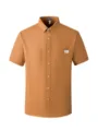 Men's short sleeve casual shirt in camel with chest pockets and button-down collar. - M / Orange