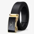 Cintura da uomo in vera pelle con fibbia automatica dorata e cinturino nero elegante. - 105cm / Senza Scatola Regalo / Oro