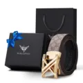Set regalo cintura in pelle da uomo con fibbia automatica e scatola con monogramma - Confezione Regalo Esclusiva / 105cm / Fibbia Dorata Cachi