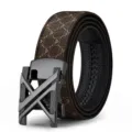 Ceinture en cuir pour homme à boucle automatique, boucle en alliage noir et sangle. - Coffret Cadeau Exclusif / 105cm / Boucle Gunmetal Marron