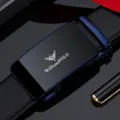 Cintura in pelle WilliamPolo per uomo, fibbia automatica, cinturino nero, stile chic - Trama semplice / 105cm (Scatola Regalo) / Blu