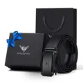 Cintura da uomo in vera pelle con fibbia automatica, set regalo elegante in pelle bovina nera. - Confezione Regalo Esclusiva / Pelle Bovina a Due Strati Gunmetal / 105cm