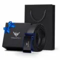 Cintura uomo vera pelle fibbia automatica affari casual con scatola regalo di lusso - Stile 1: Blu Primo Strato Liscio 48 [Confezione Regalo] / 105cm