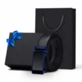 Cintura uomo in vera pelle con fibbia automatica stile casual affari e scatola - Stile 1: Blu Primo Strato Tessuto Corteccia 49 [Confezione Regalo] / 105cm