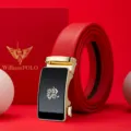 Herren Ledergürtel rot mit goldener Automatikschließe und Drachenmotiv als Neujahrsgeschenk - 105cm / Goldene Schnalle Komplett Roter Riemen (Schwarze Geschenkschachtel)