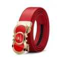 Men's red genuine leather dress belt featuring a gold and red automatic metal buckle. - 105cm / Gold - All Red Strap (No Gift Box)