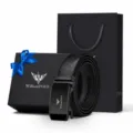 Cintura automatica da uomo in vera pelle stile business casual con confezione regalo - Stile 2: Blu Primo Strato Tessuto Corteccia 51 [Confezione Regalo] / 105cm