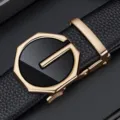Cintura da uomo in vera pelle di lusso con elegante fibbia automatica in metallo. - 105cm / Oro (Confezione Regalo)