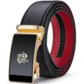 Herren Ledergürtel Automatikschnalle schwarz rot Drache Design stilvoller Taillengürtel - 105cm / Goldene Schnalle Schwarz Außen Rot Innen (Ohne Box)