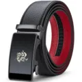 Herren Ledergürtel mit Automatikschließe, schwarz-rotes Design mit Drachen Motiv. - 105cm / Gunmetal Schnalle Schwarz Außen Rot Innen (Ohne Box)