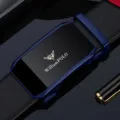 Cintura uomo in pelle fibbia automatica affari tempo libero vita cintura accessorio - Stile 2: Blu Primo Strato Liscio 50 [Senza Confezione Regalo]