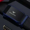 Variante di cintura in pelle da uomo con fibbia automatica blu scuro e cinturino nero. - Stile 2: Blu Primo Strato Tessuto Corteccia 51 [Senza Confezione Regalo]