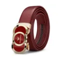 WilliamPOLO Men Leather Automatic Belt Maroon Gold Buckle Business Casual Red Gift - 105cm / Gold - All Dark Red Strap (No Gift Box)