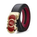 Men's leather dress belt with automatic buckle black and red stylish accessory for gifts - 105cm / Gold - Black Outside Dark Red Inside Strap (No Gift Box)