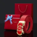 WilliamPolo men red leather belt gift set with automatic buckle and elegant box. - 105cm / Gold - All Red Strap (Red Gift Box & Bag)