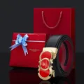 William Polo Men's Leather Belt Gift Set Automatic Buckle Red Box New Year Fashion - 105cm / Gold - Black Outside Red Inside Strap (Red Gift Box & Bag)
