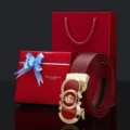 Men red leather belt gift set with dragon automatic buckle for wedding and new year - 105cm / Gold Dragon Logo - All Red Strap (Red Gift Box & Bag)