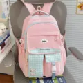 Pink dopamine style school backpack with cute plaid pockets, large capacity for student girls. - Pink (No Pendant)