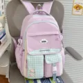Cute purple plaid student backpack variant, large capacity multi-pocket casual school book bag. - Purple [No Pendant]