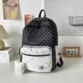 Korean ins style sweet backpack for schoolgirls, black and white star pattern casual bag. - Black without Pendant