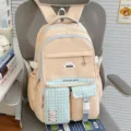 Cute dopamine school backpack for girls, large capacity casual daypack with plaid design. - Khaki (No Pendant)
