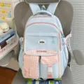 Sac à dos d'école mignon style dopamine en bleu clair et carreaux rose pour étudiants. - Bleu (Avec Pendentif)