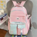 Joli sac à dos scolaire rose dopamine avec poches à carreaux bleus pour étudiants - Rose Avec Charme