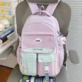 Joli sac à dos scolaire pastel violet et carreaux pour étudiants avec grande capacité. - Violet Avec Pendentif