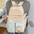 Sac a dos d'ecole carre esthetique mignon, grand sac de loisirs de style doux pour etudiants. - Kaki (Avec Pendentif)